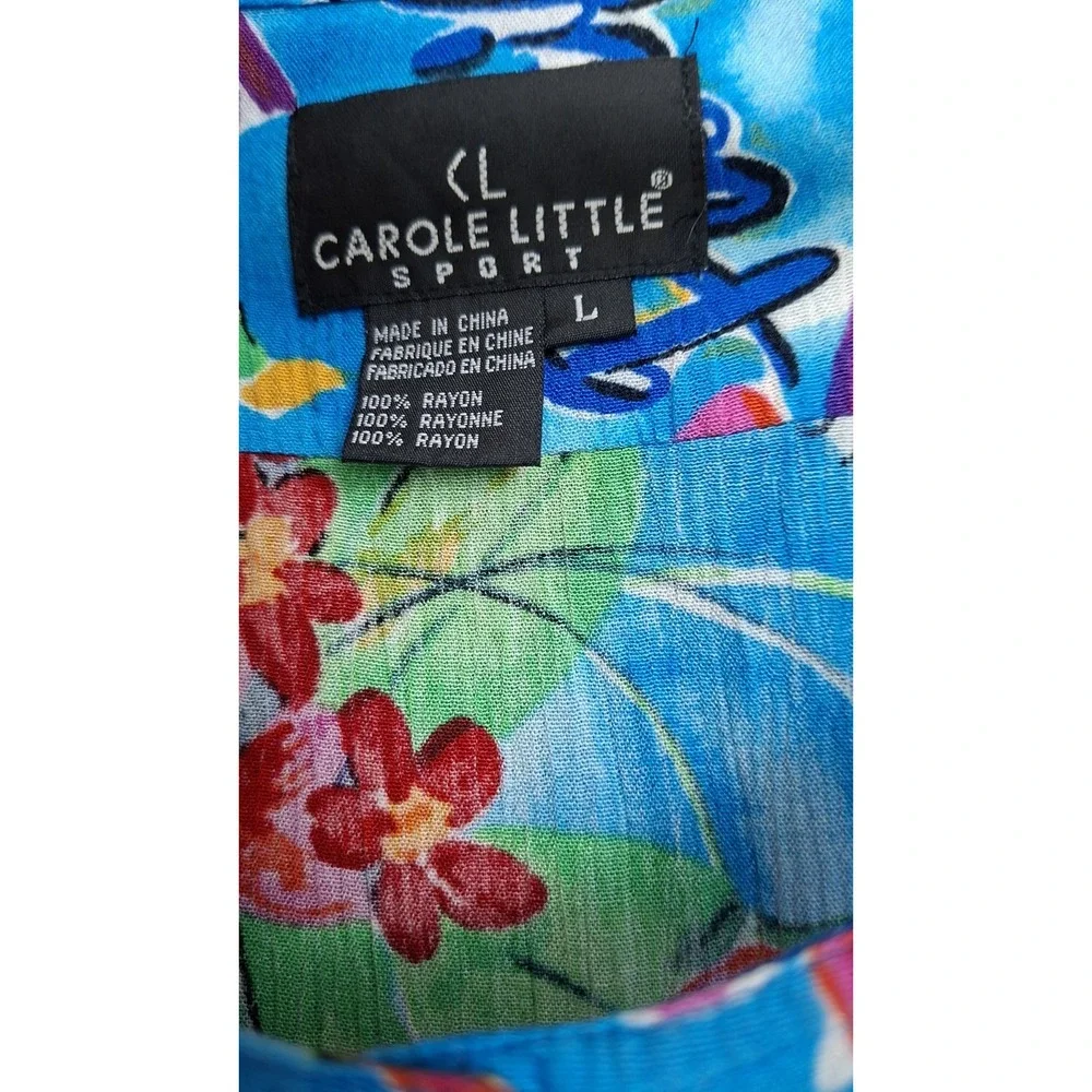 Vintage Carole Little Dress L Button Front Pleated Modest Maxi Boho Blue Tropics